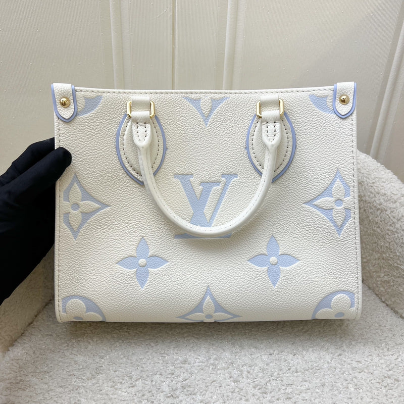 LV Milky Way Onthego PM Tote in Latte and Candy Blue Giant Monogram Empreinte Leather and GHW