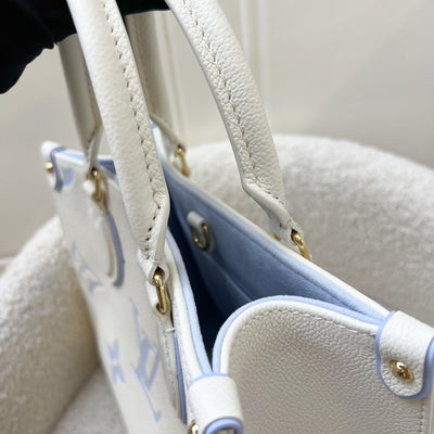 LV Milky Way Onthego PM Tote in Latte and Candy Blue Giant Monogram Empreinte Leather and GHW