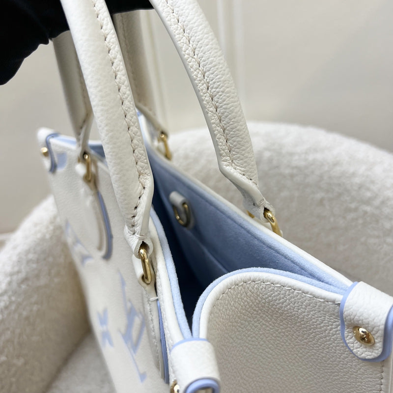 LV Milky Way Onthego PM Tote in Latte and Candy Blue Giant Monogram Empreinte Leather and GHW