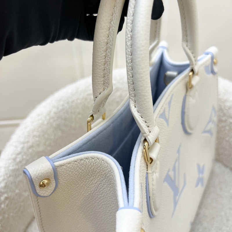 LV Milky Way Onthego PM Tote in Latte and Candy Blue Giant Monogram Empreinte Leather and GHW