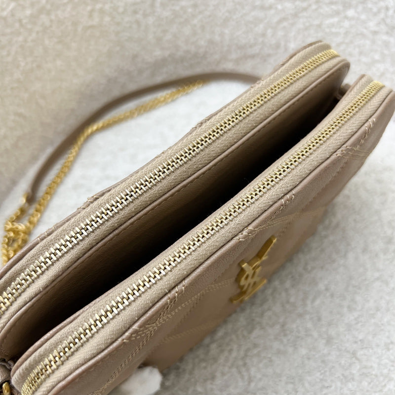 Saint Laurent YSL Mini Becky Double Zip Camera Bag in Beige Quilted Leather and AGHW