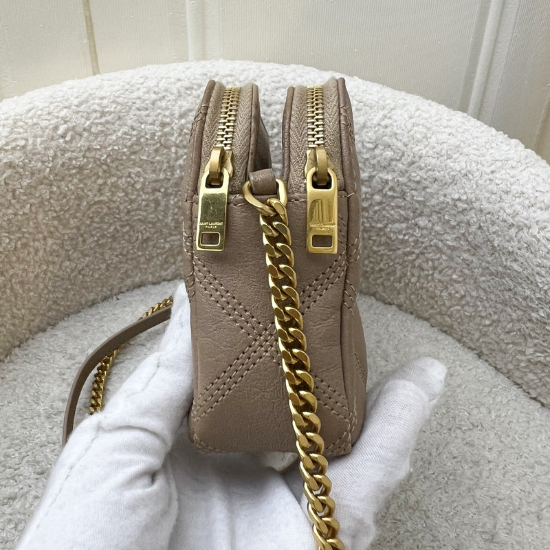 Saint Laurent YSL Mini Becky Double Zip Camera Bag in Beige Quilted Leather and AGHW