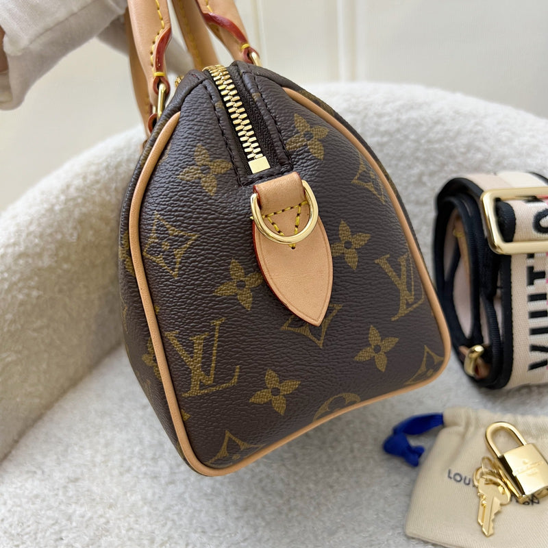 LV Speedy Bandouliere 20 in Monogram Canvas and Black Patterned Strap (Model: M46234)