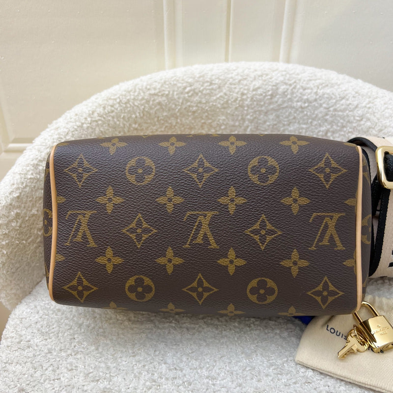 LV Speedy Bandouliere 20 in Monogram Canvas and Black Patterned Strap (Model: M46234)