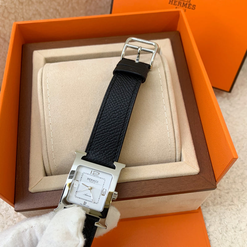 Hermes Heure H MM Automatic Watch in Steel with Black Epsom Strap