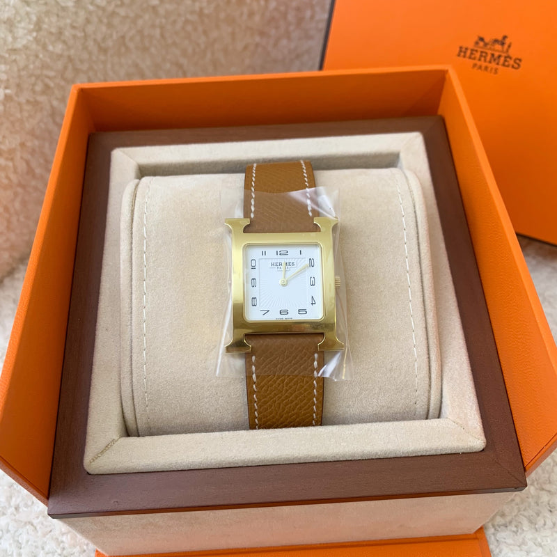 Hermes Heure H MM Watch in Gold Plated Steel with Gold Epsom Strap