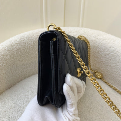 Chanel 23S Camellia Pearl Crush Wallet on Chain WOC in Black Lambskin AGHW
