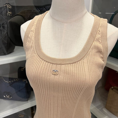 Chanel 25P Tank Top with CC Logo in Dark Beige Cotton Sz 40