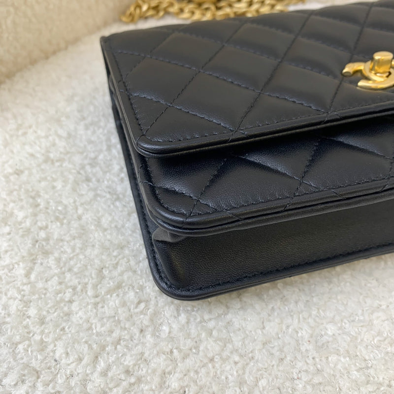 Chanel 23S Camellia Pearl Crush Wallet on Chain WOC in Black Lambskin AGHW