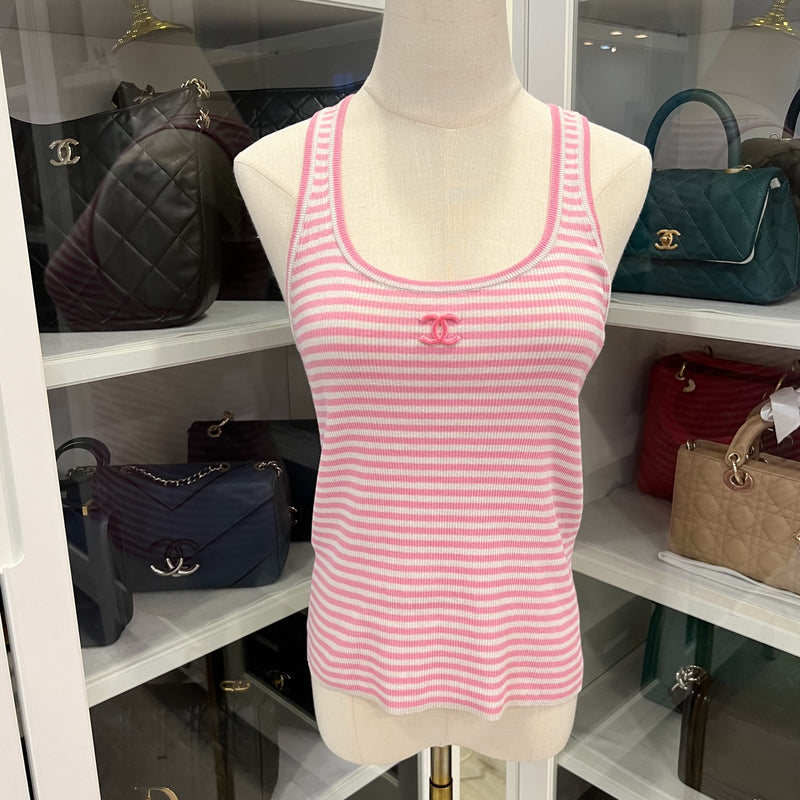 Chanel Striped Knit Tank Top in Pink Cotton and Polyamide Sz 34