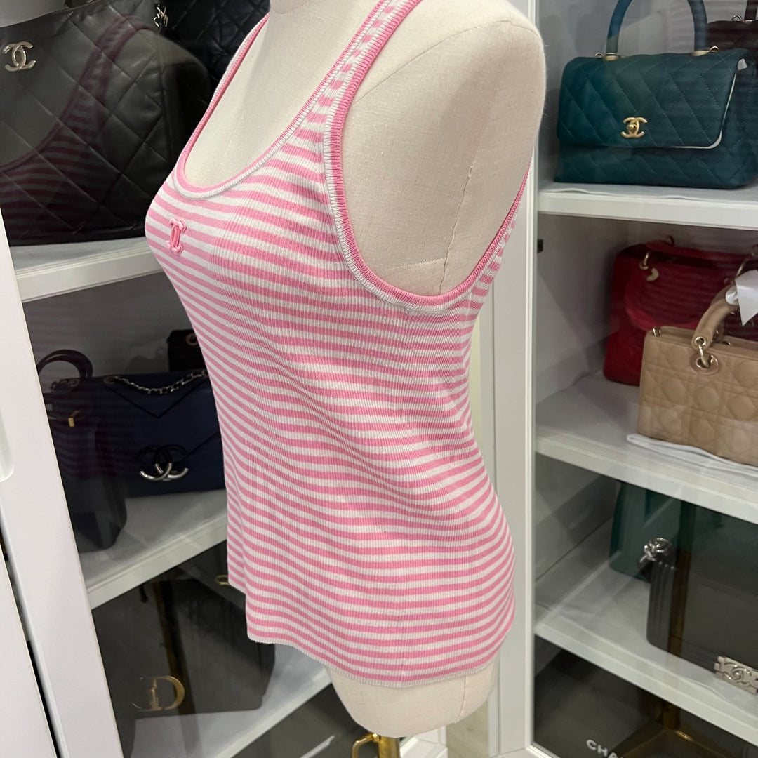 CHANEL ピンク タンクトップ S Chanel Pink Ribbed Cotton Tank Top Size 34 FR