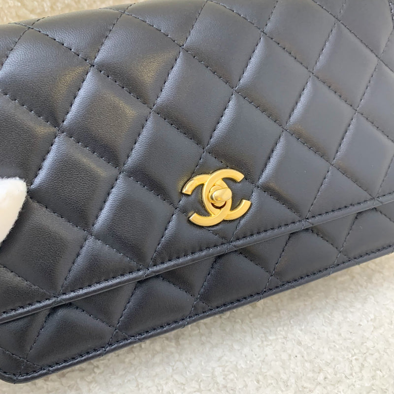 Chanel 23S Camellia Pearl Crush Wallet on Chain WOC in Black Lambskin AGHW