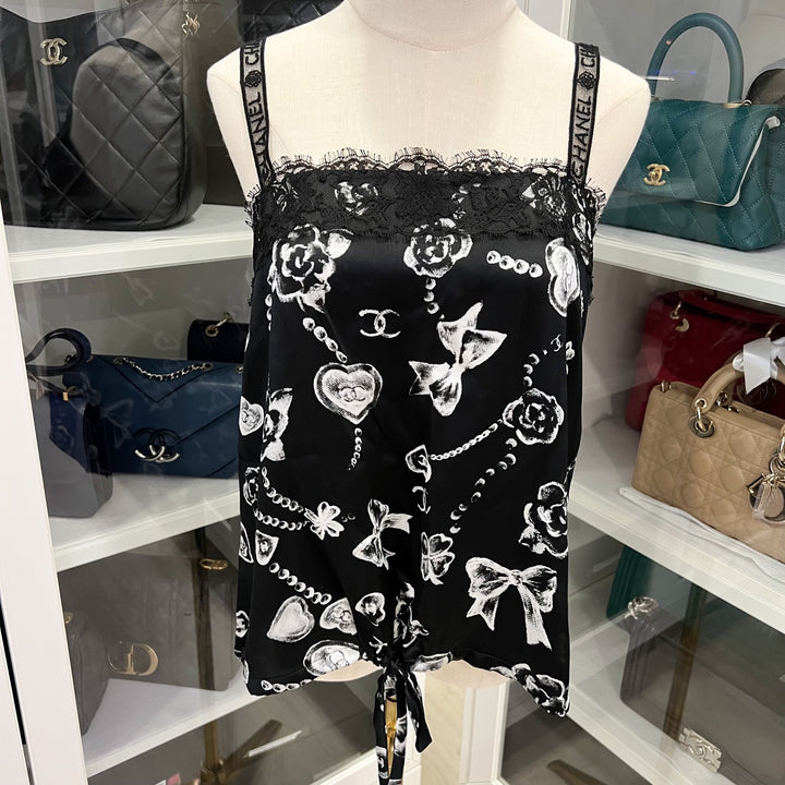 Chanel 25B Camisole Top in Black Silk with White Prints Sz 38