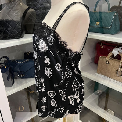 Chanel 25B Camisole Top in Black Silk with White Prints Sz 38