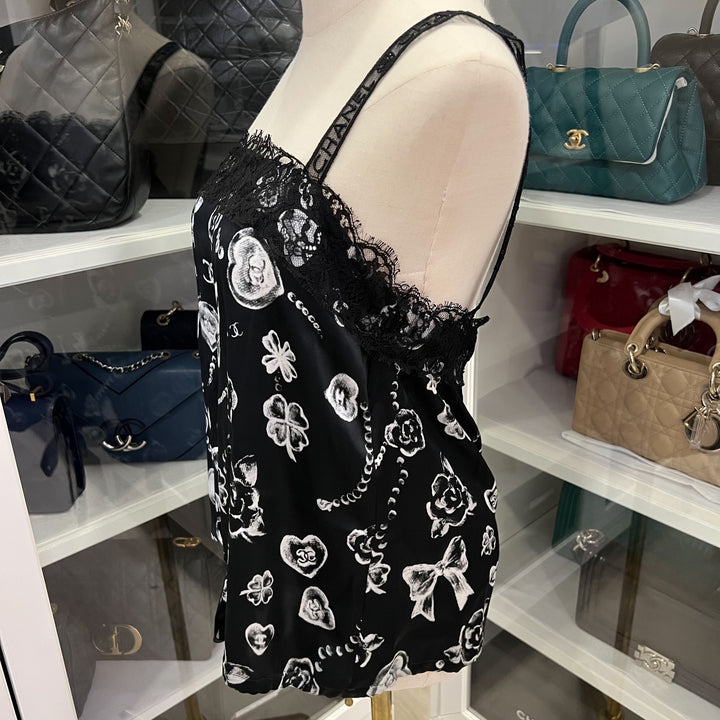 Chanel 25B Camisole Top in Black Silk with White Prints Sz 38