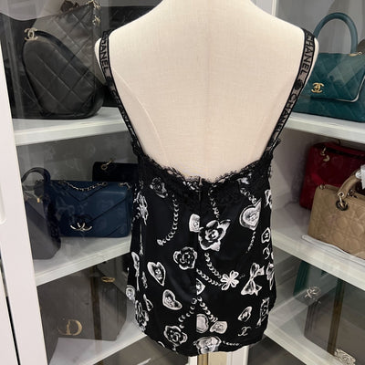 Chanel 25B Camisole Top in Black Silk with White Prints Sz 38