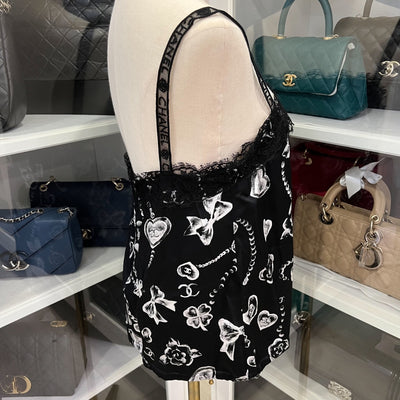 Chanel 25B Camisole Top in Black Silk with White Prints Sz 38