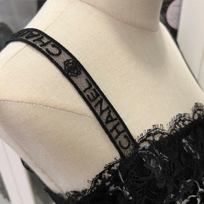 Chanel 25B Camisole Top in Black Silk with White Prints Sz 38