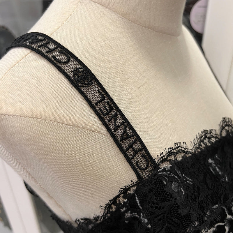 Chanel 25B Camisole Top in Black Silk with White Prints Sz 38