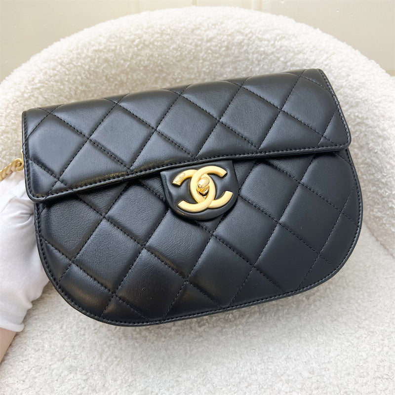 Chanel 21S Small Round Messenger Flap Bag in Black Calfskin and AGHW