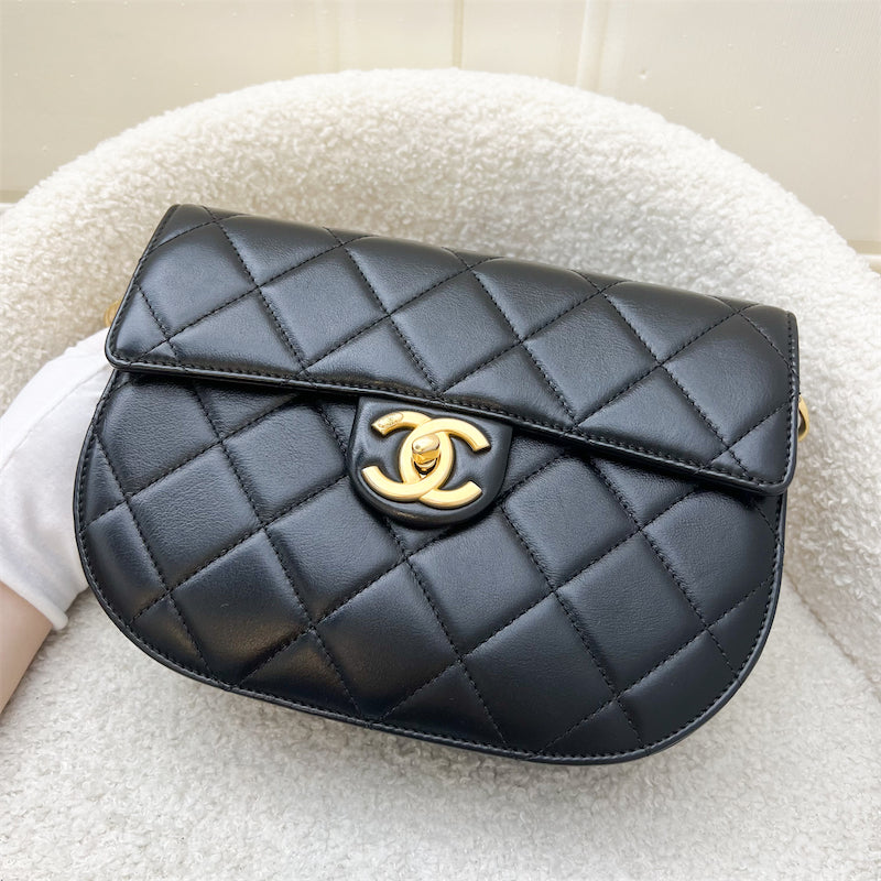 Chanel 21S Small Round Messenger Flap Bag in Black Calfskin and AGHW