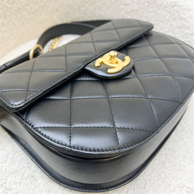 Chanel 21S Small Round Messenger Flap Bag in Black Calfskin and AGHW