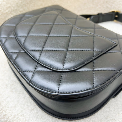 Chanel 21S Small Round Messenger Flap Bag in Black Calfskin and AGHW