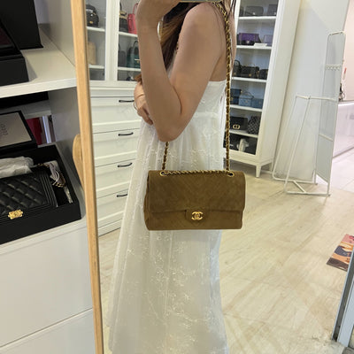 Chanel Vintage Medium Classic Flap CF in Brown Suede and 24K Gold Plated HW