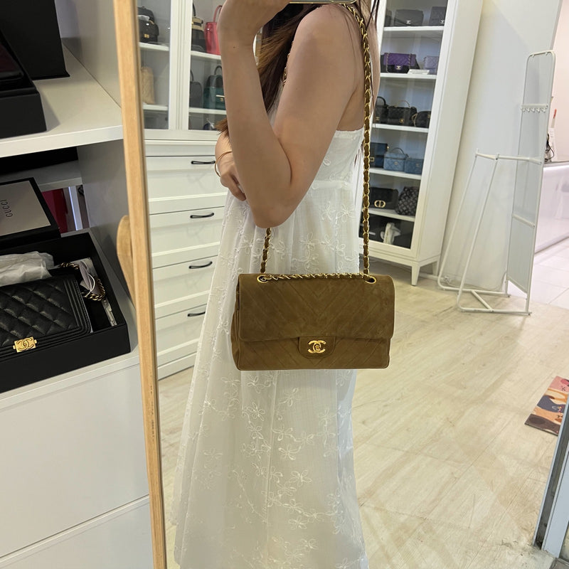 Chanel Vintage Medium Classic Flap CF in Brown Suede and 24K Gold Plated HW