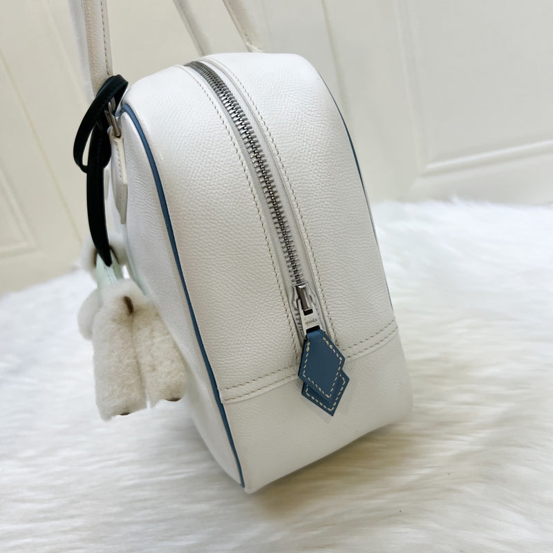 Hermes Plume 28 in White Epsom Leather, Blue Trim and PHW