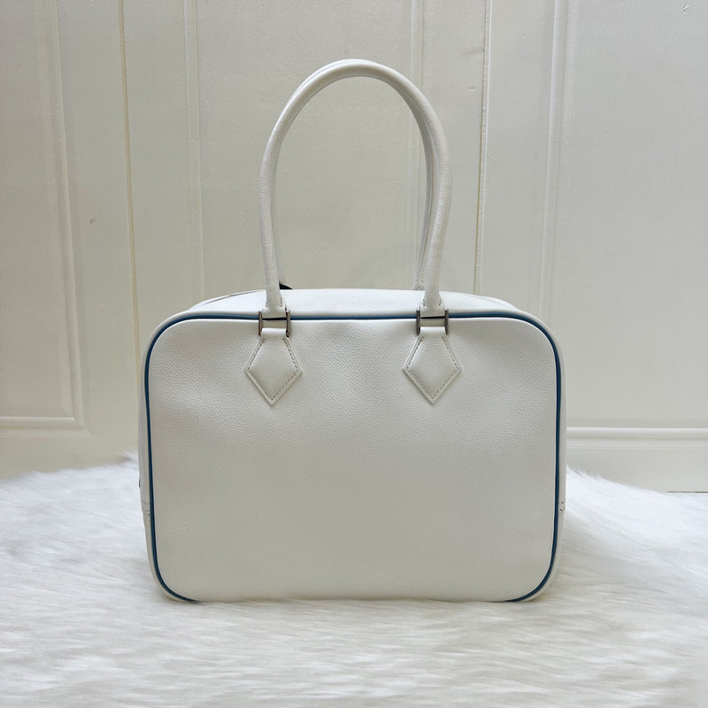 Hermes Plume 28 in White Epsom Leather, Blue Trim and PHW