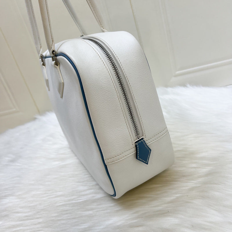 Hermes Plume 28 in White Epsom Leather, Blue Trim and PHW
