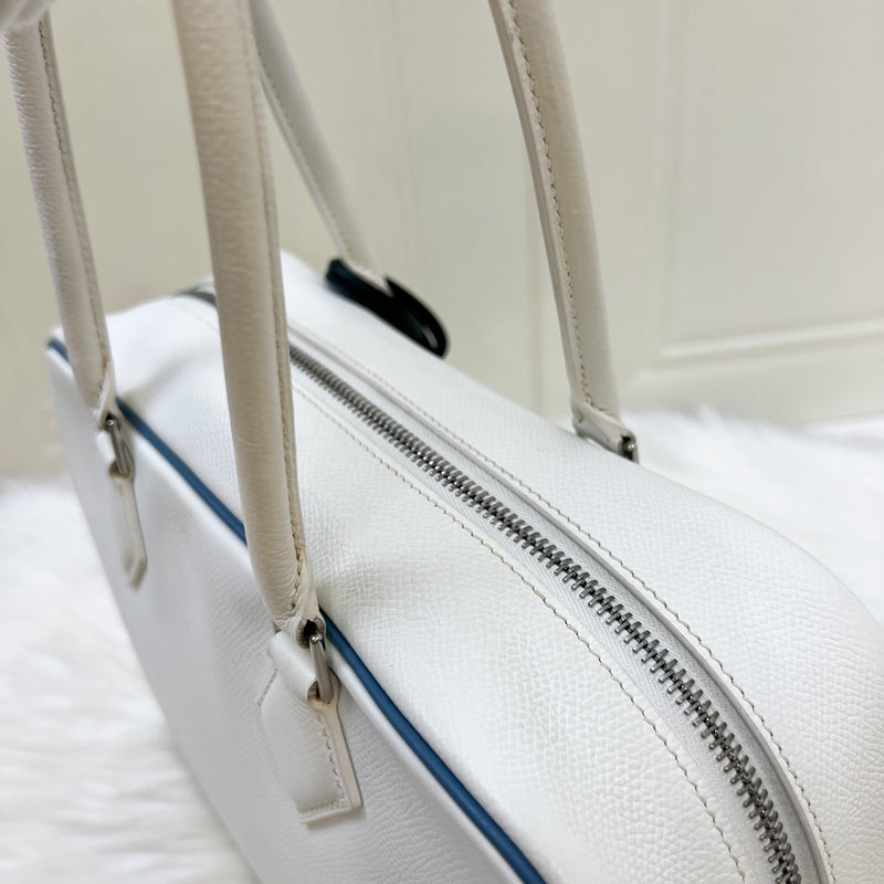 Hermes Plume 28 in White Epsom Leather, Blue Trim and PHW