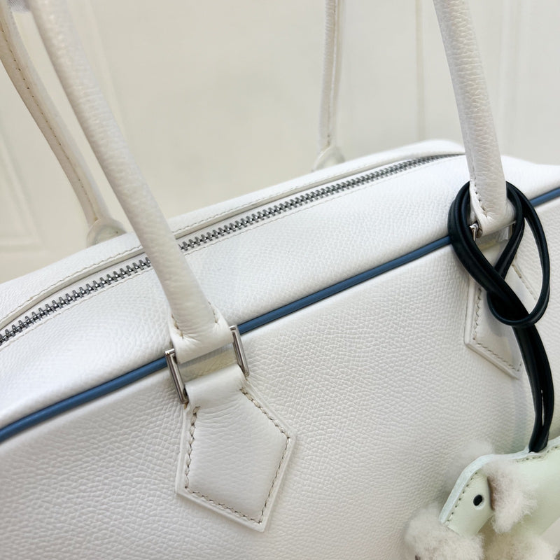Hermes Plume 28 in White Epsom Leather, Blue Trim and PHW