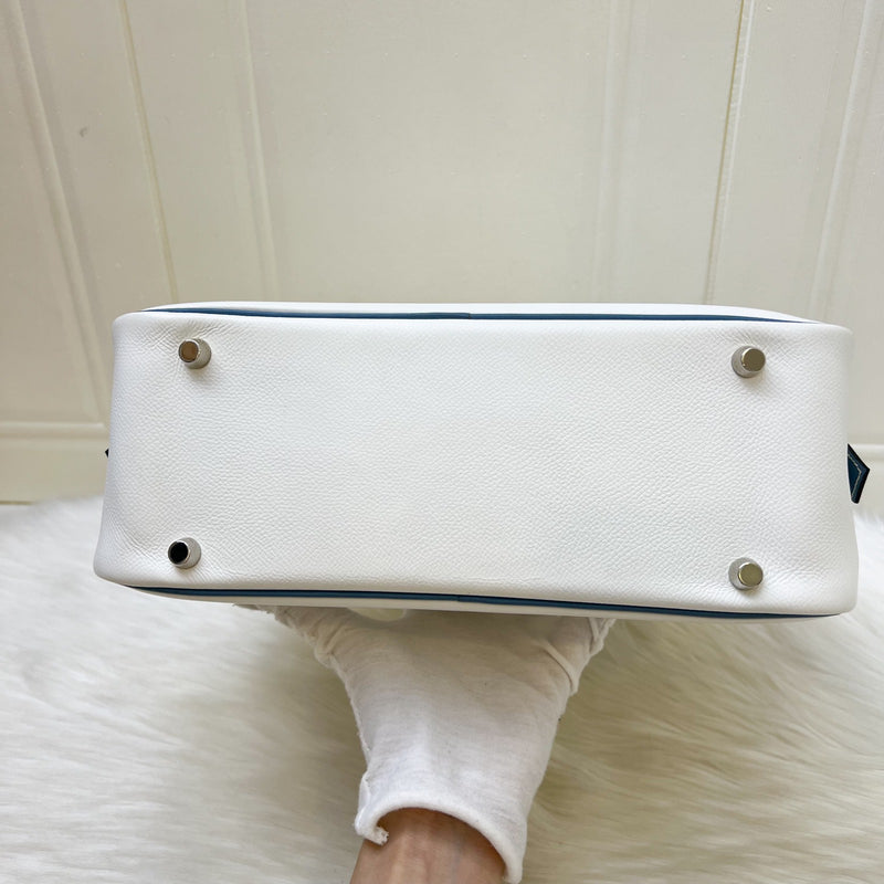 Hermes Plume 28 in White Epsom Leather, Blue Trim and PHW