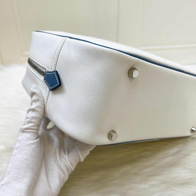 Hermes Plume 28 in White Epsom Leather, Blue Trim and PHW