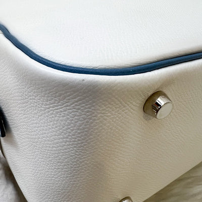 Hermes Plume 28 in White Epsom Leather, Blue Trim and PHW