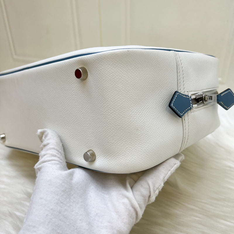 Hermes Plume 28 in White Epsom Leather, Blue Trim and PHW