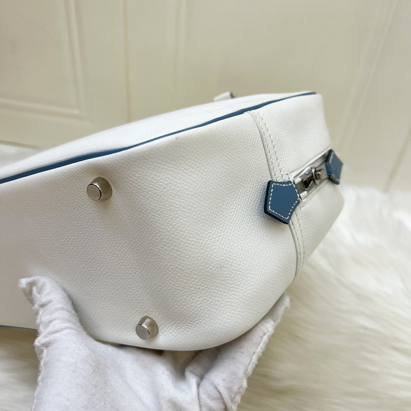 Hermes Plume 28 in White Epsom Leather, Blue Trim and PHW