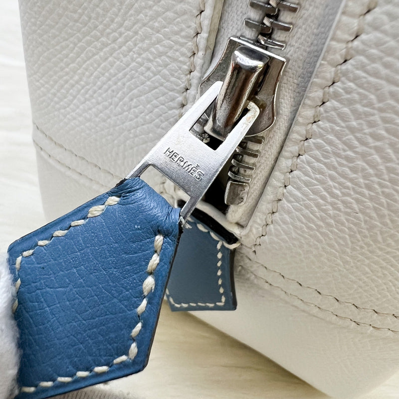 Hermes Plume 28 in White Epsom Leather, Blue Trim and PHW