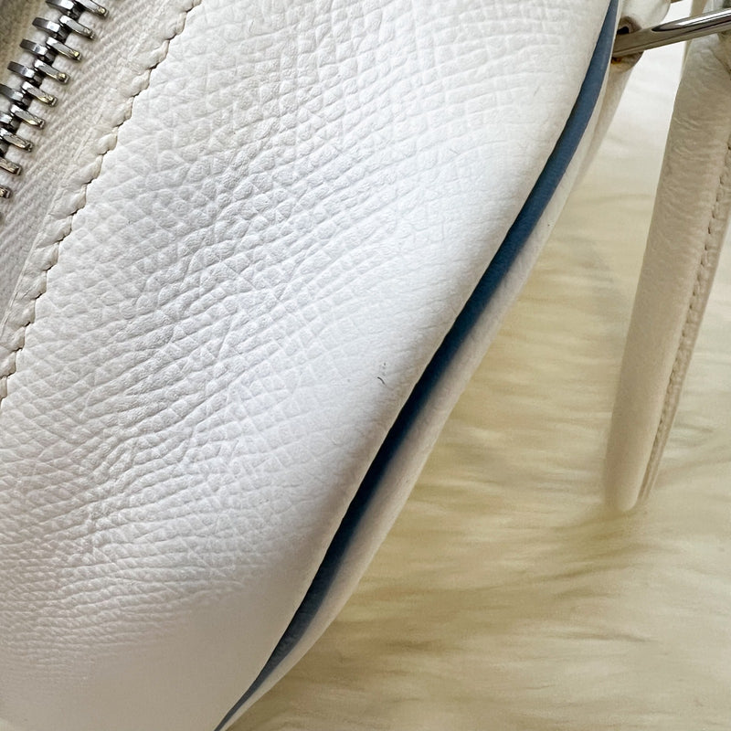 Hermes Plume 28 in White Epsom Leather, Blue Trim and PHW