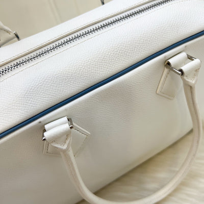 Hermes Plume 28 in White Epsom Leather, Blue Trim and PHW