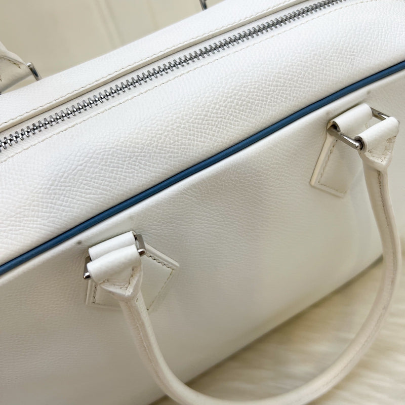 Hermes Plume 28 in White Epsom Leather, Blue Trim and PHW