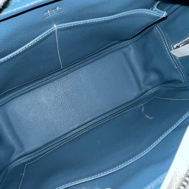 Hermes Plume 28 in White Epsom Leather, Blue Trim and PHW