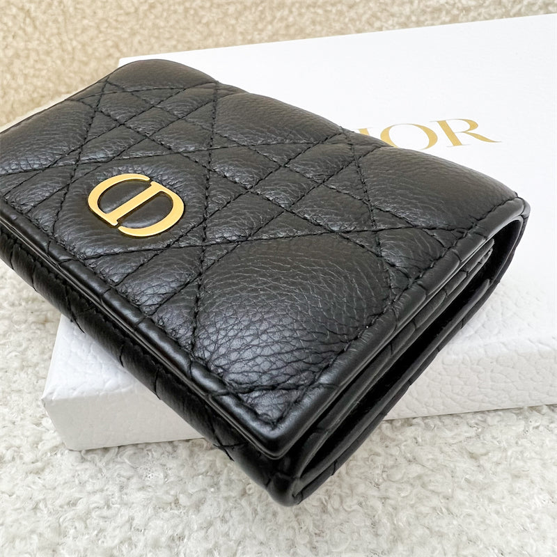 Dior Caro Compact Wallet / Card Holder in Black Supple Cannage Calfskin and GHW
