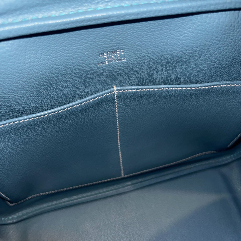 Hermes Plume 28 in White Epsom Leather, Blue Trim and PHW
