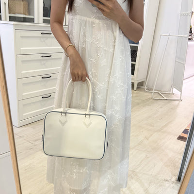 Hermes Plume 28 in White Epsom Leather, Blue Trim and PHW