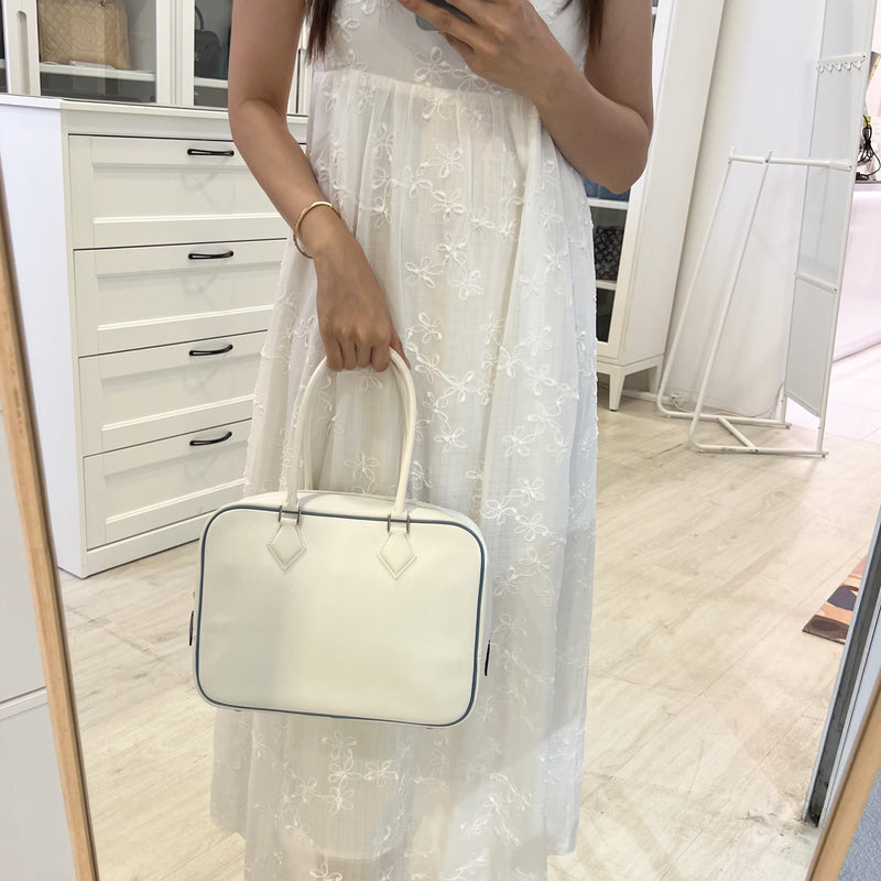 Hermes Plume 28 in White Epsom Leather, Blue Trim and PHW
