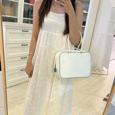 Hermes Plume 28 in White Epsom Leather, Blue Trim and PHW