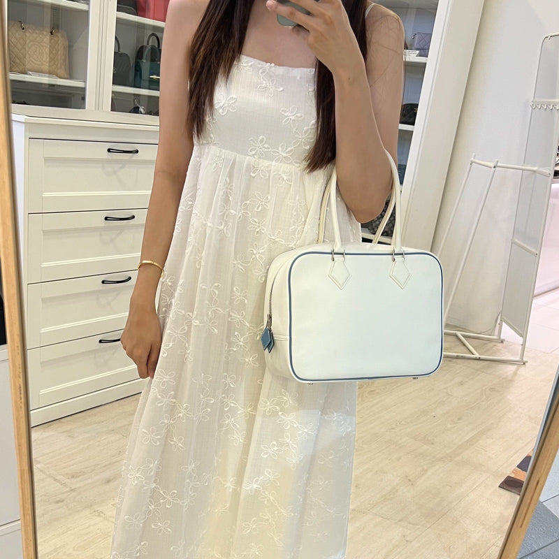 Hermes Plume 28 in White Epsom Leather, Blue Trim and PHW